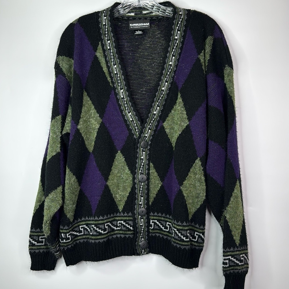 Vintage Empressions International Vneck Geometric Cardigan Sweater Size Large